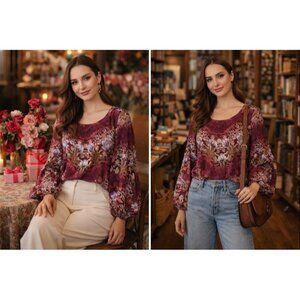 Valerie Stevens Women’s Floral Blouse 1X Burgundy Long Sleeve Boho Fall Romantic